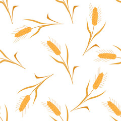 Repeating design featuring stylized golden wheat heads and leaves on clean white background Ideal for packaging textiles eco branding and seasonal fall themes