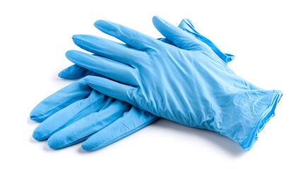 Pair of blue nitrile medical examination gloves on a white background