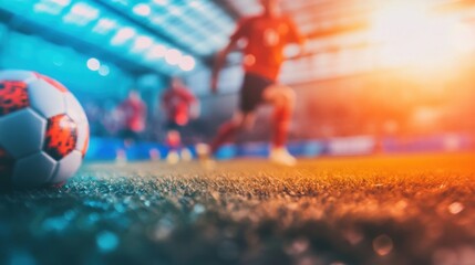 Soccer players sprinting towards the ball in an indoor arena during practice