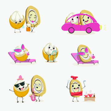 Platonia insignis, bacuri, funny characters, hand drawn vector illustration.