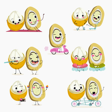 Platonia insignis, bacuri, funny characters, hand drawn vector illustration.