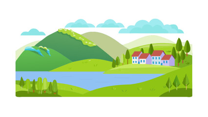 Obraz premium Scenic landscape illustration of lake houses with mountains and trees for travel and nature designs