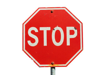 Isolated close-up of aged stop sign on pole in daylight, road traffic safety and regulations