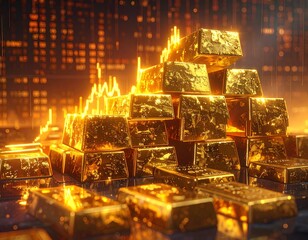 A digital stock ticker display made of glowing gold blocks Ai