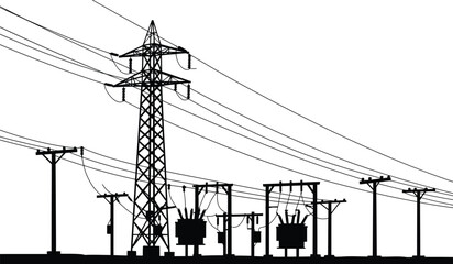 High voltage electricity transmission towers power lines substations and transformers for energy distribution network infrastructure white background