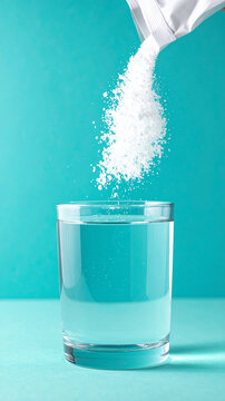 White powder falling from sachet into transparent glass of water. Healthcare and pharmaceutical