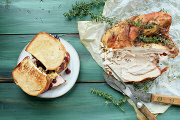 Homemade leftover Thanksgiving sandwich with turkey