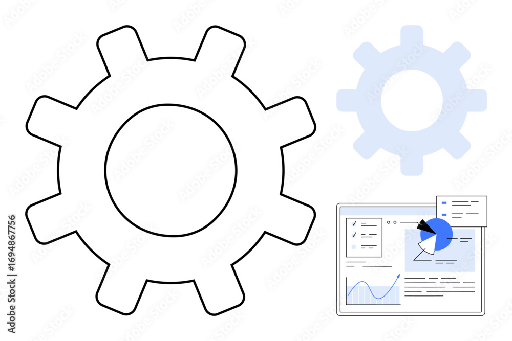 Wall mural large gear alongside a smaller faded gear and data visualization interface with graphs. ideal for au