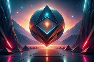 Mysterious alien artifact levitating in a futuristic cosmic landscape