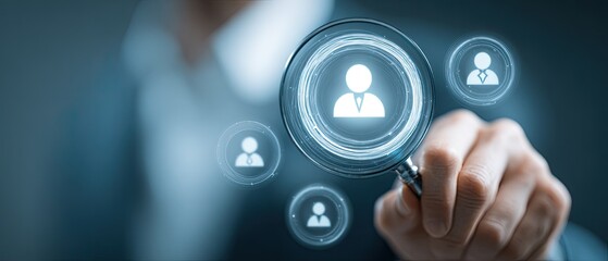 Hand holding magnifying glass over digital profile icons