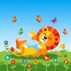 Happy Lion Cub in Flower Meadow.