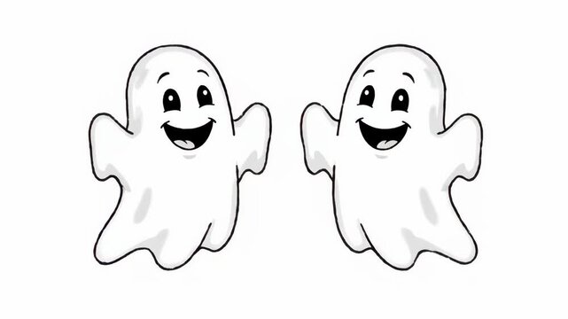 Happy Cartoon Ghost Twins - Two smiling cartoon ghosts are shown in a full-frame, black and white illustration. They are positioned side-by-side against a white background.