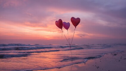 Fototapeta premium Heart-shaped balloons float over a serene beach at sunset
