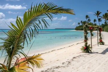 Fototapeta premium Tropical beach wedding arch with palm tree and turquoise ocean view