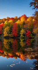 Obraz premium Vibrant autumn forest trees with colorful foliage reflected in a calm lake under a clear blue sky showcasing seasonal beauty and tranquility