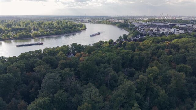 River of Rhein as a fly over with a drone from top during autumn season