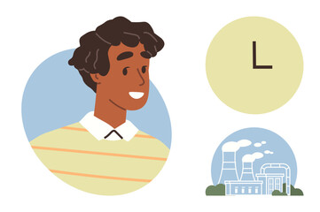 Portrait of a smiling man in striped shirt, industrial factory with emissions, and circular monogram element. Ideal for sustainability, human connection, environmental impact, industry, energy