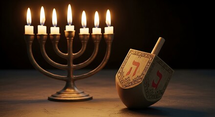Fototapeta premium Hanukkah menorah and dreidel. (1)