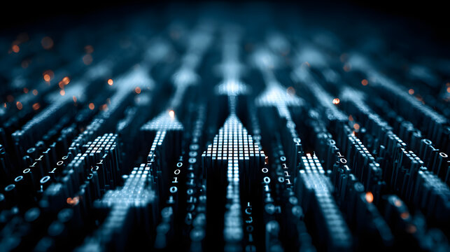 Blue digital upward arrows on binary code backgroundfor tech upload concept