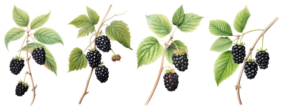 PNG Botanical blackberry illustration art, element set on transparent background