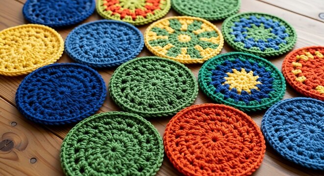 Collection of handmade colorful crochet coasters in circular patterns arranged on a wooden surface