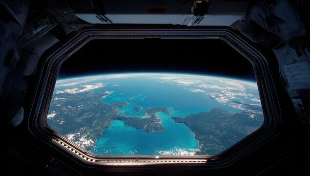 Fototapeta Earth seen from space through a spacecraft window (4)
