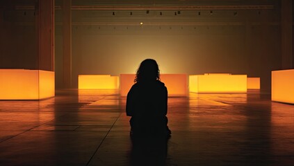A solitary figure kneels amidst luminous cubes in a vast hall