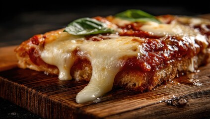 Close-up of a slice of pizza with melted cheese