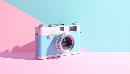 Fototapeta premium A pastel-colored, vintage-style camera rests on a backdrop of contrasting pink and teal, creating a vibrant and playful aesthetic.