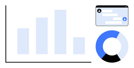 Bar chart, pie chart, and chat dialogue display. Ideal for teamwork, analytics, performance, strategy, collaboration, statistics reporting simple landing page