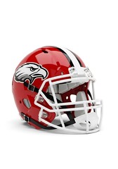 Fototapeta premium A glossy, red football helmet, featuring a white facemask and team , is presented on a white background.
