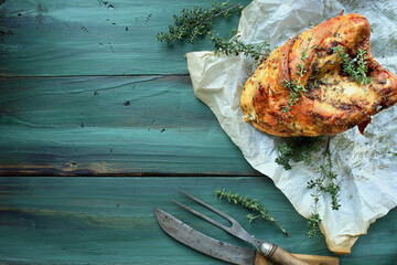 Overhead view of bone in turkey crown breast