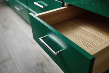 Empty open drawer of a desk, chest. Close-up view of a metal steel drawer handle on green wooden cabinet. Home furniture and decoration, shopping concept. Wood kitchen cabinetry. Trendy interior units