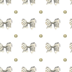 Seamless Watercolor Polka Dot Bows and Ornaments Pattern, a charming decorative texture and Festive motif featuring Elegant tied Ribbons and circular accents on a Transparent Background.