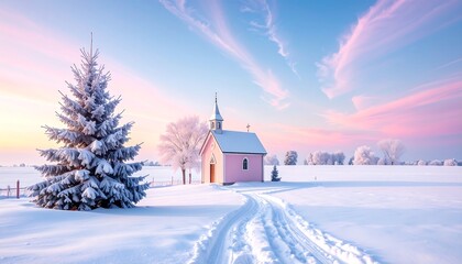 A serene winter scene showcases a quaint, pink chapel nestled in a snowy landscape, bathed in soft, pastel light.