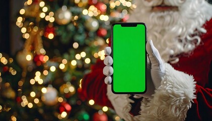 Santa Claus holding a phone with a green screen in front of a Christmas tree