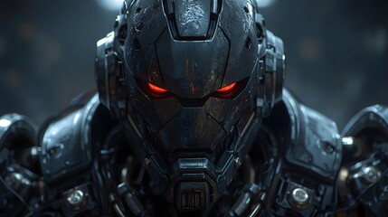 Fototapeta premium A close-up, front-facing 3D render of a menacing, dark-armored cyborg with detailed, futuristic armor and ominous glowing red eyes. The surface is textured with cracks and damage