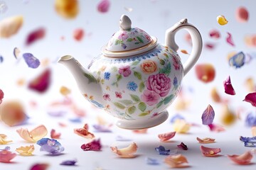 Floral Teapot Floating in Petal Shower