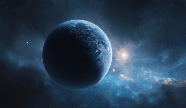 A vibrant blue planet, a celestial masterpiece, surrounded by swirling cosmic dust