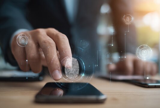 Businessman using a smartphone with a digital fingerprint overlay