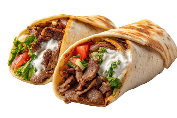 Two meat and vegetable wraps with white sauce isolated on a transparent background food