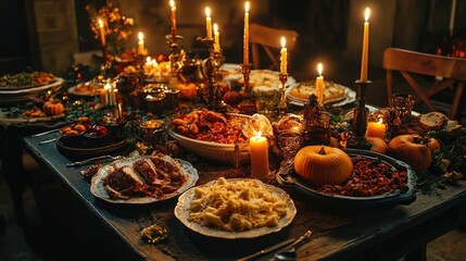 Fototapeta premium A festive table covered in autumn-themed dishes, candles, and pumpkins glows in dim light. The setting suggests a harvest or Halloween feast with rustic elements. Generative by AI