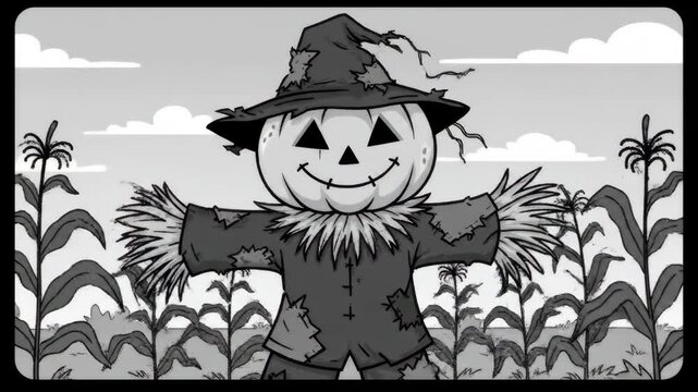 Cartoon Scarecrow with Pumpkin Head in Cornfield - A black and white cartoon scarecrow with a pumpkin head stands in a cornfield against a cloudy sky.