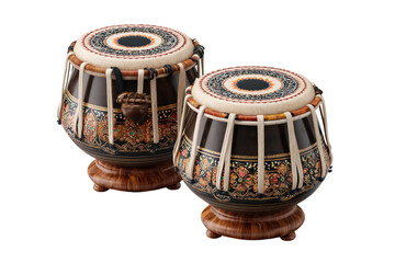 Two ornate Indian tabla drums with detailed patterns and wooden bases isolated on a transparent background