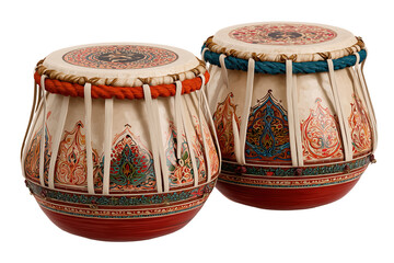 Two ornate Indian tabla drums with decorative patterns isolated on a transparent background percussion