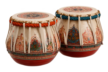 Two ornate Indian tabla drums with decorative patterns isolated on a transparent background percussion