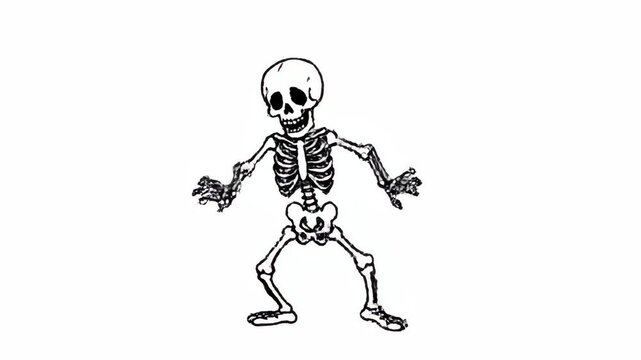 Cartoon Skeleton Dancing - A black and white cartoon skeleton is shown dancing against a white background. This full-frame animation is perfect for Halloween or other spooky-themed projects.