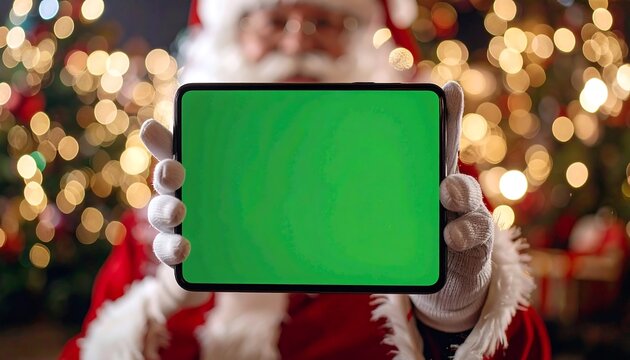 Santa Claus holding a tablet with a green screen, surrounded by Christmas lights - Powered by Adobe
