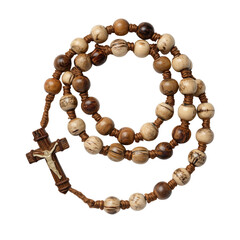 Wooden rosary beads with crucifix and intricate knotting isolated on a transparent background cross