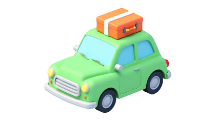 Fototapeta premium A cute, 3D-rendered green car with a brown suitcase on its roof, representing road trips, travel, and vacation.
